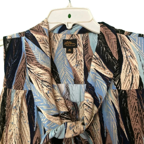 LL Bean Rayon Sleeveless Dress Abstract Leaf Pattern Fabric Tie at Neck, Size 10 - Picture 3 of 8